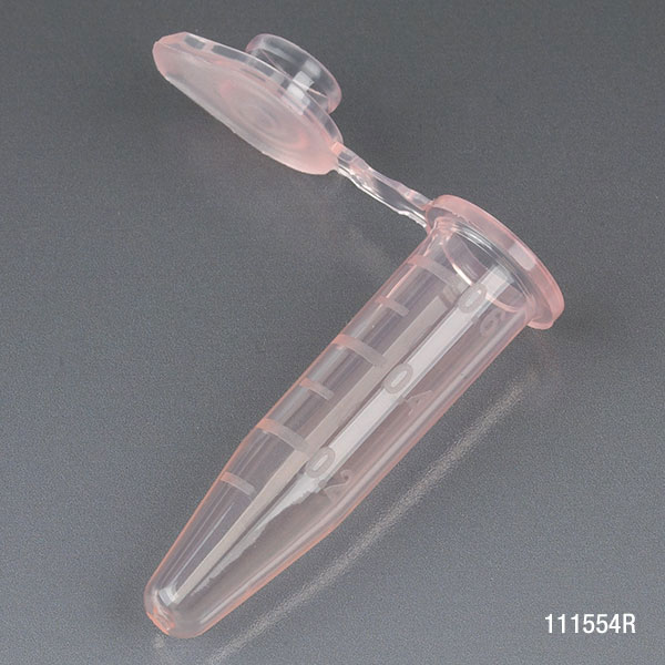 Microcentrifuge Tube, 0.5Ml, Pp, Attached Snap Cap, Graduated, Red, Certified: Rnase, Dnase And Pryogen Free, 500/Stand Up Zip Lock Bag